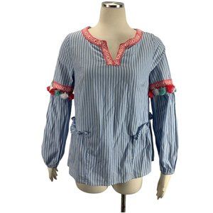 Crown & Ivy S Boho Tassel Blouse Blue White Stripe